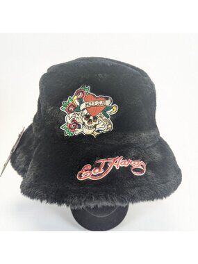 Ed Hardy Black Faux Fur Bucket Hat w Fuzzy Tattoo Graphics Logo Embroidery